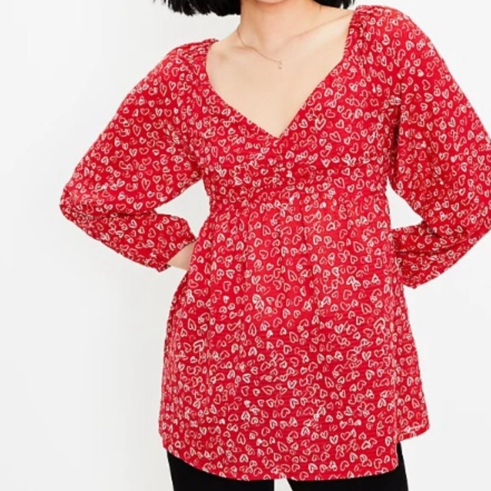 LOFT Red Heart Cinched Printed Puff Sleeve Blouse Sweetheart Neck NWT Sz 10 New